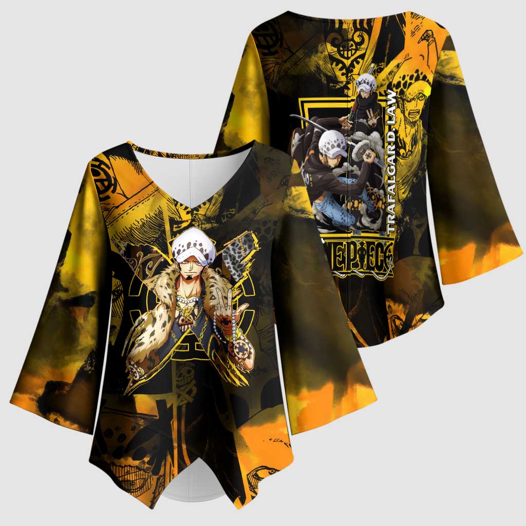 Trafalgar Law One Piece Yellow and Black Theme Kimono Sleeve Blouse with Jolly Roger Symbol and Manga Panel Design - The Mazicc