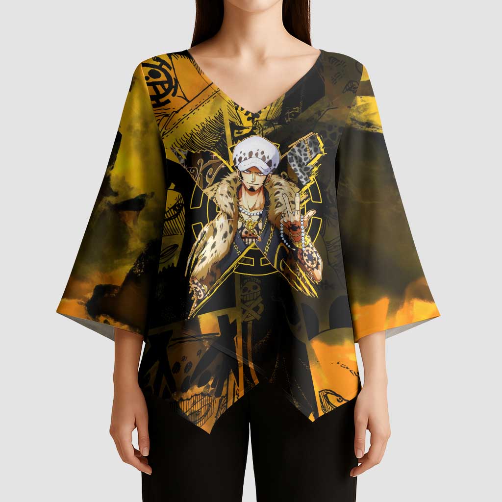 Trafalgar Law One Piece Yellow and Black Theme Kimono Sleeve Blouse with Jolly Roger Symbol and Manga Panel Design - The Mazicc