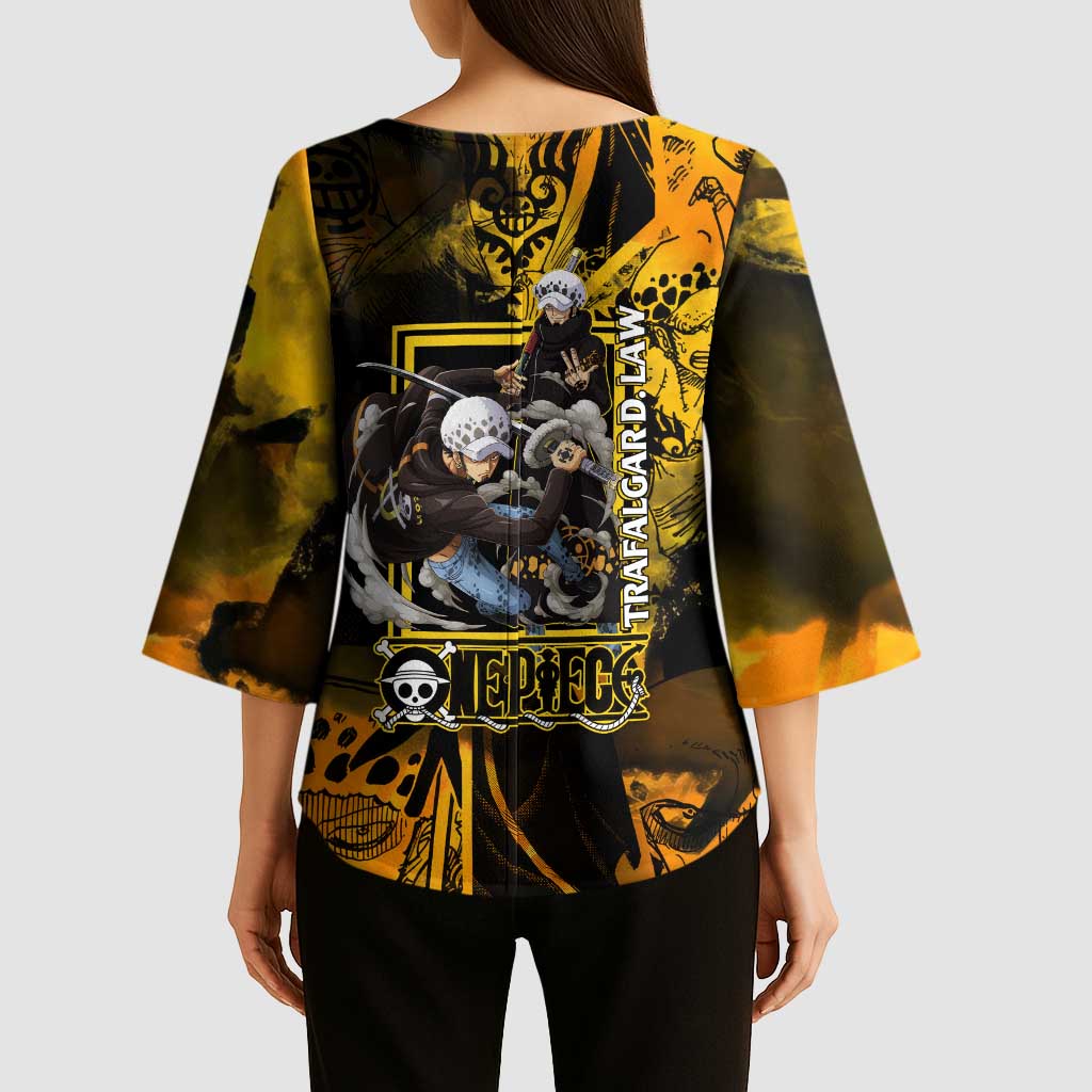 Trafalgar Law One Piece Yellow and Black Theme Kimono Sleeve Blouse with Jolly Roger Symbol and Manga Panel Design - The Mazicc