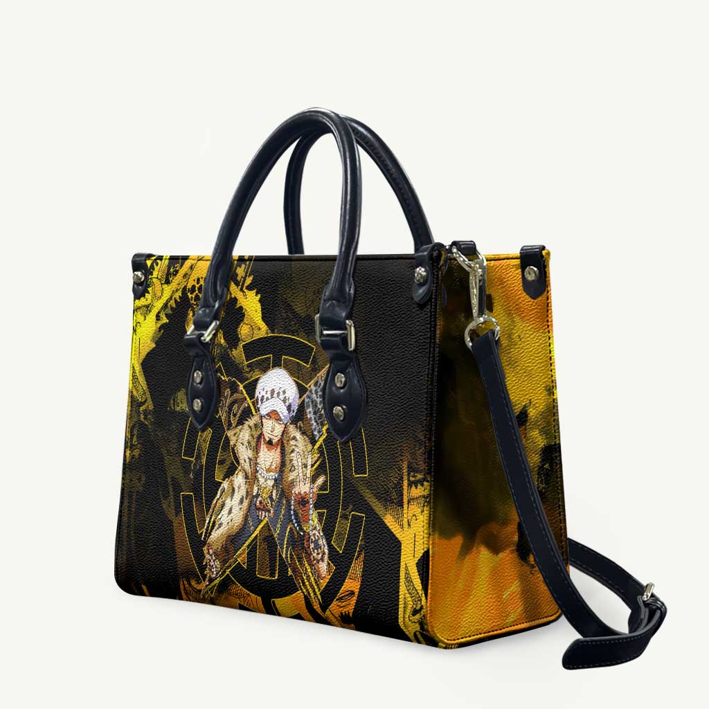 Trafalgar Law One Piece Yellow and Black Theme Leather Bag with Jolly Roger Symbol and Manga Panel Design - The Mazicc