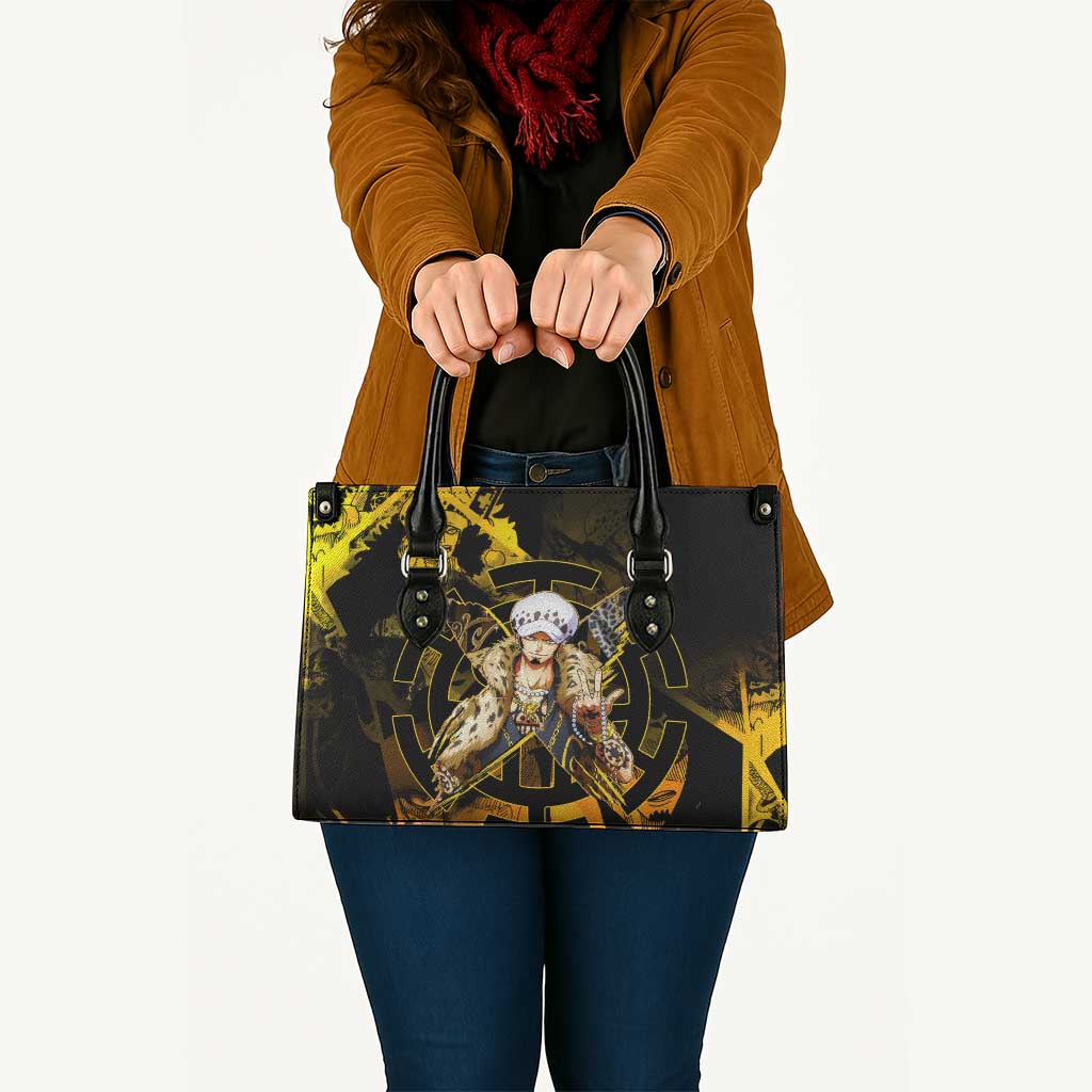 Trafalgar Law One Piece Yellow and Black Theme Leather Bag with Jolly Roger Symbol and Manga Panel Design - The Mazicc