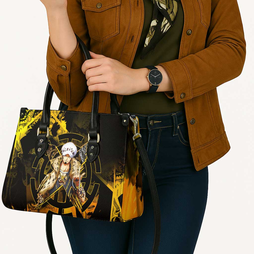 Trafalgar Law One Piece Yellow and Black Theme Leather Bag with Jolly Roger Symbol and Manga Panel Design - The Mazicc