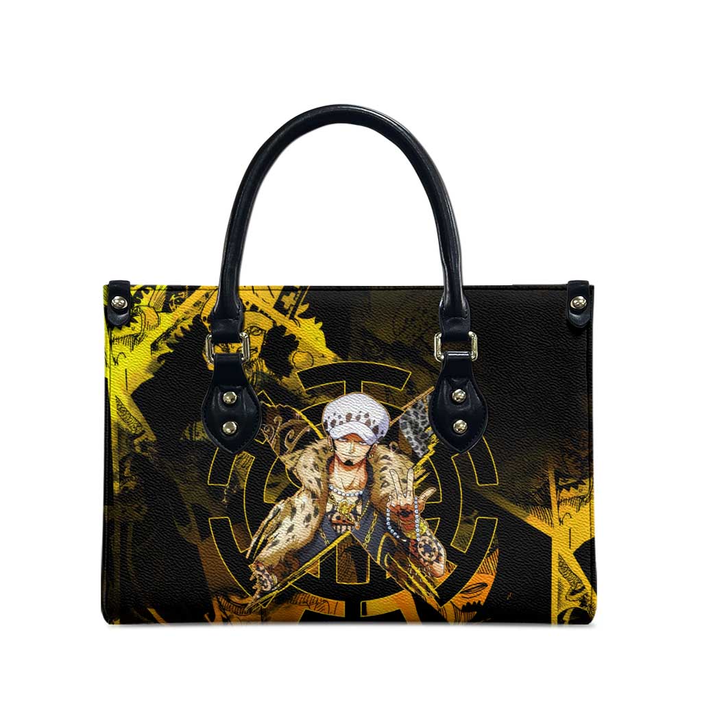 Trafalgar Law One Piece Yellow and Black Theme Leather Bag with Jolly Roger Symbol and Manga Panel Design - The Mazicc