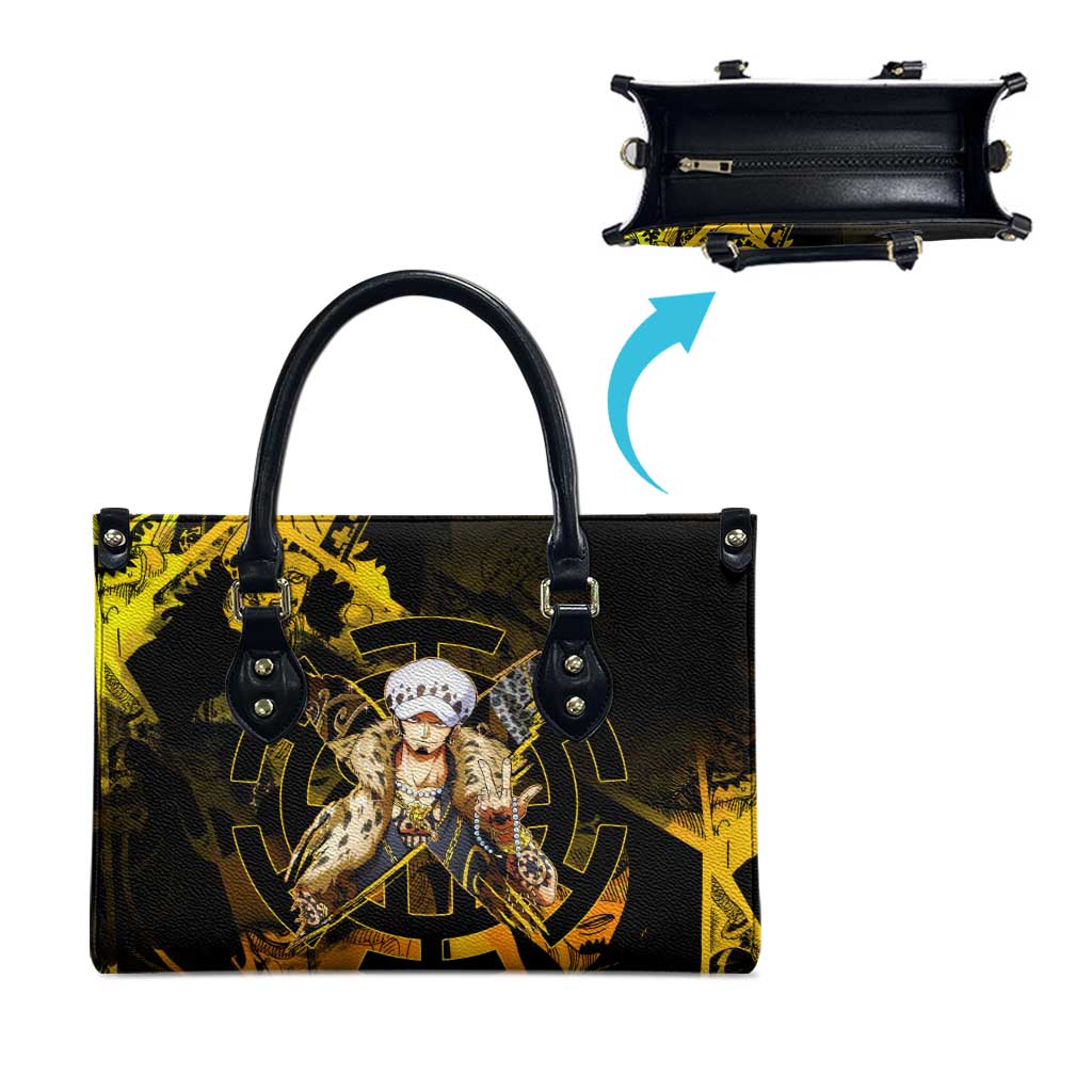 Trafalgar Law One Piece Yellow and Black Theme Leather Bag with Jolly Roger Symbol and Manga Panel Design - The Mazicc