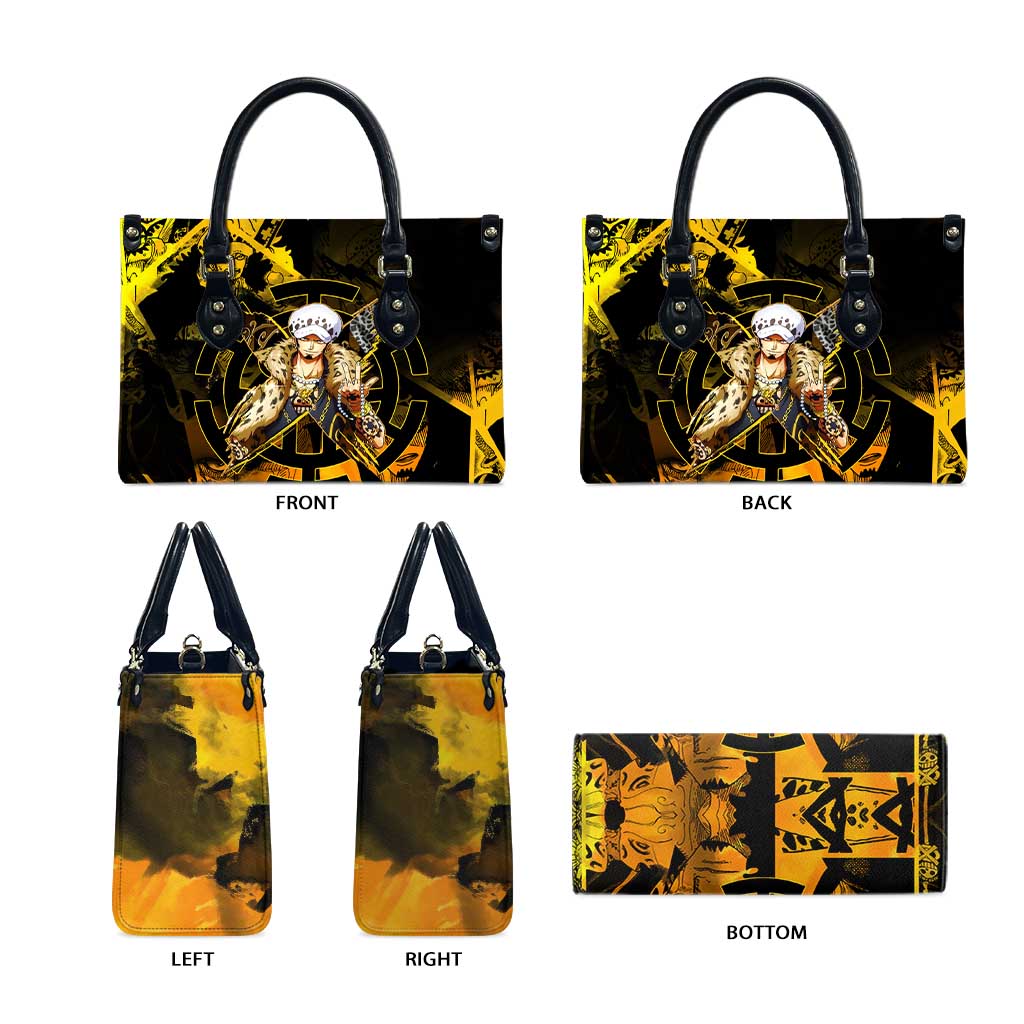 Trafalgar Law One Piece Yellow and Black Theme Leather Bag with Jolly Roger Symbol and Manga Panel Design - The Mazicc