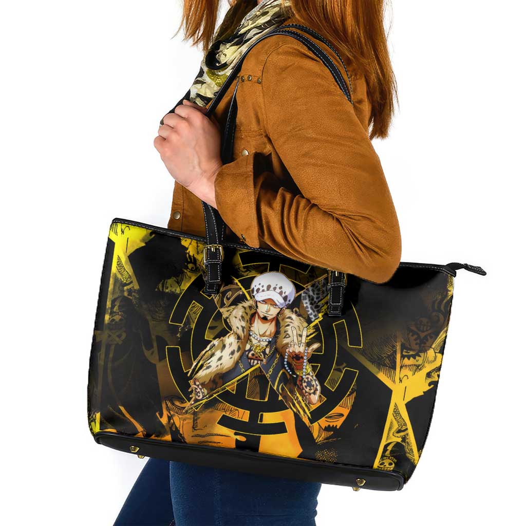 Trafalgar Law One Piece Yellow and Black Theme Leather Tote Bag with Jolly Roger Symbol and Manga Panel Design - The Mazicc