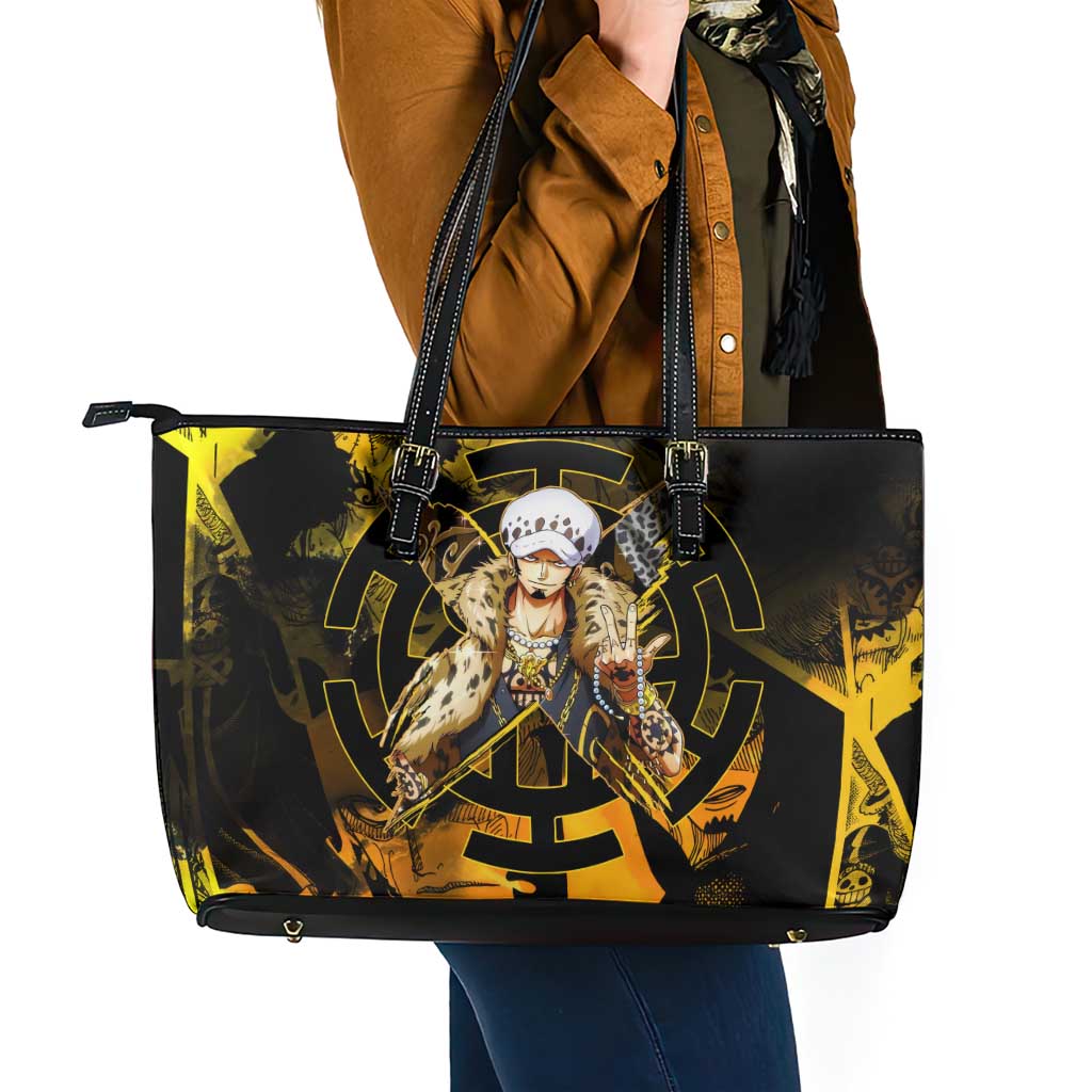 Trafalgar Law One Piece Yellow and Black Theme Leather Tote Bag with Jolly Roger Symbol and Manga Panel Design - The Mazicc