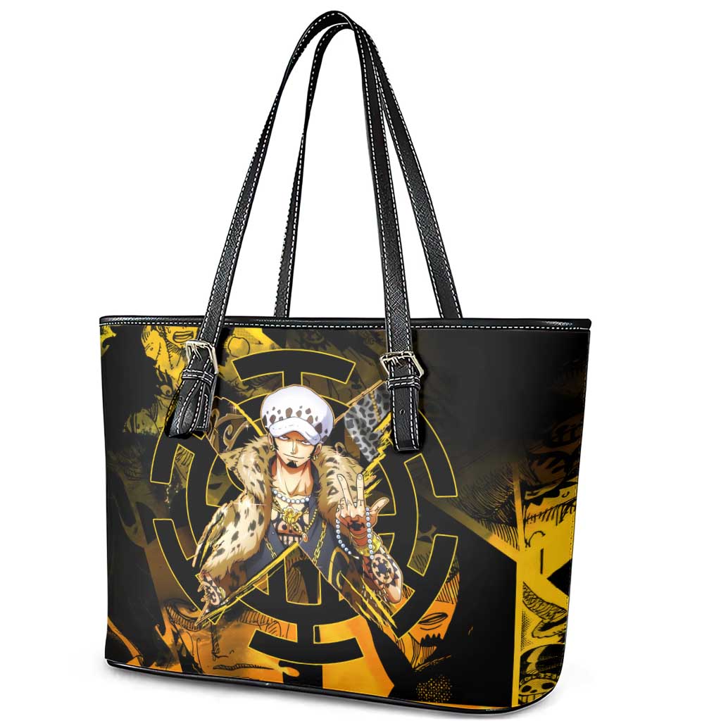 Trafalgar Law One Piece Yellow and Black Theme Leather Tote Bag with Jolly Roger Symbol and Manga Panel Design - The Mazicc