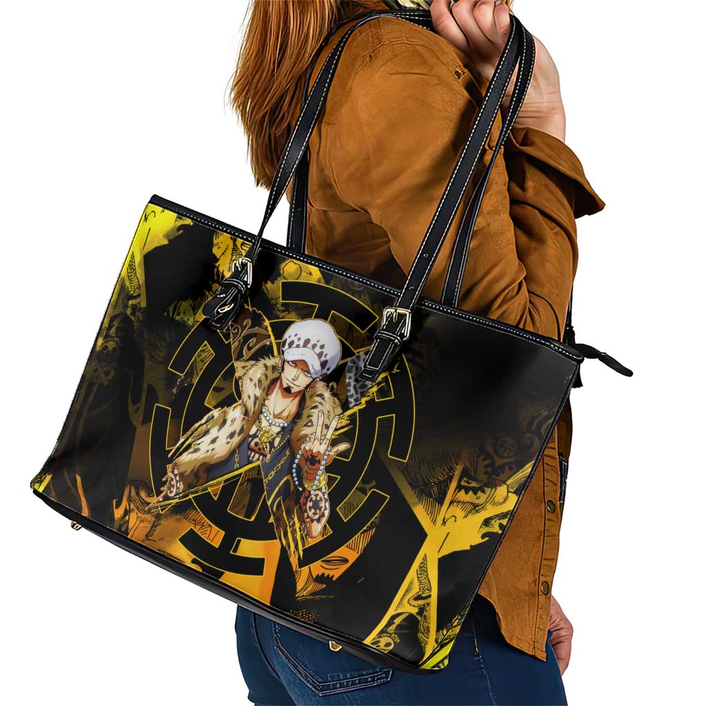 Trafalgar Law One Piece Yellow and Black Theme Leather Tote Bag with Jolly Roger Symbol and Manga Panel Design - The Mazicc