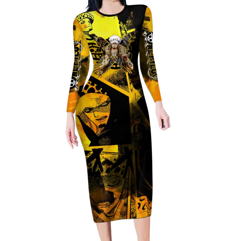 Trafalgar Law One Piece Yellow and Black Theme Long Sleeve Bodycon Dress with Jolly Roger Symbol and Manga Panel Design - The Mazicc