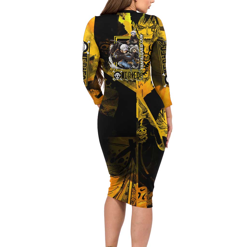 Trafalgar Law One Piece Yellow and Black Theme Long Sleeve Bodycon Dress with Jolly Roger Symbol and Manga Panel Design - The Mazicc