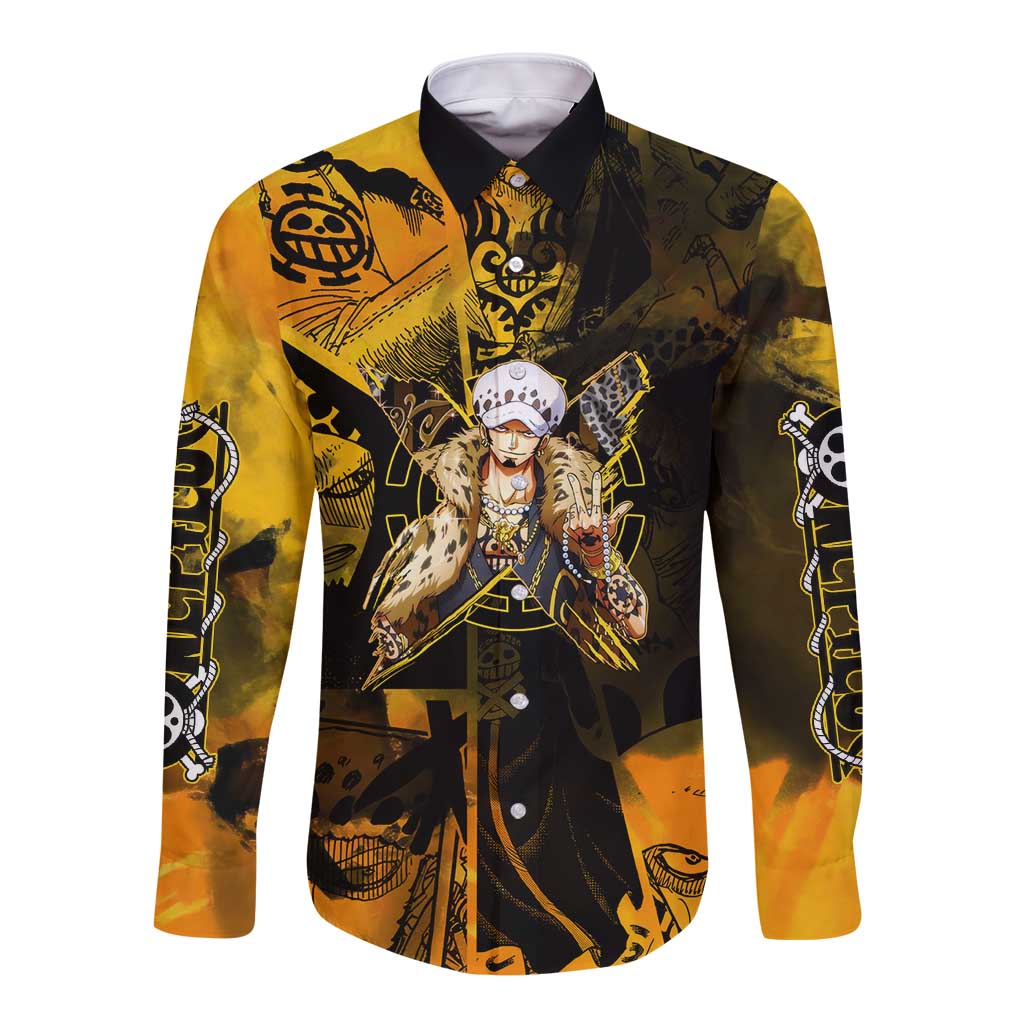 Trafalgar Law One Piece Yellow and Black Theme Long Sleeve Button Shirt with Jolly Roger Symbol and Manga Panel Design - The Mazicc