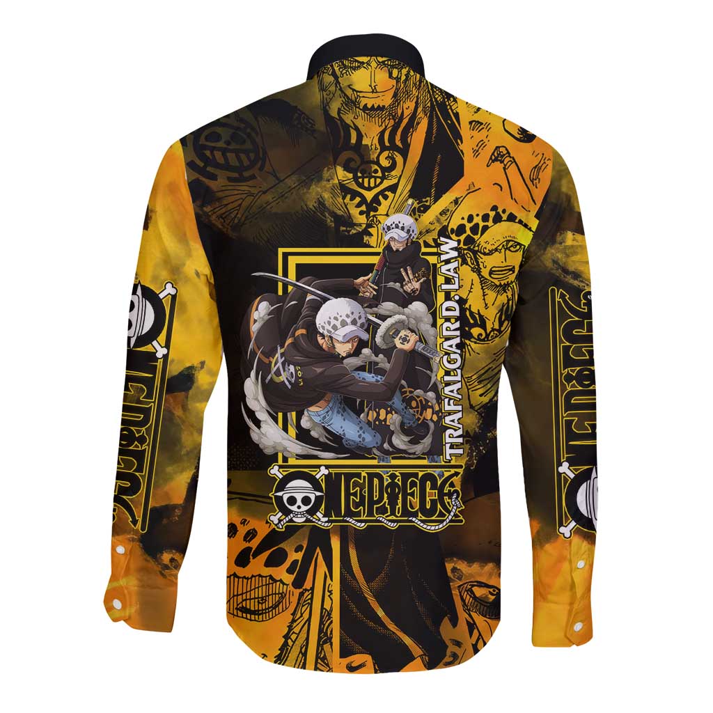 Trafalgar Law One Piece Yellow and Black Theme Long Sleeve Button Shirt with Jolly Roger Symbol and Manga Panel Design - The Mazicc