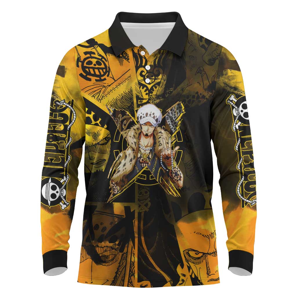 Trafalgar Law One Piece Yellow and Black Theme Long Sleeve Polo Shirt with Jolly Roger Symbol and Manga Panel Design - The Mazicc