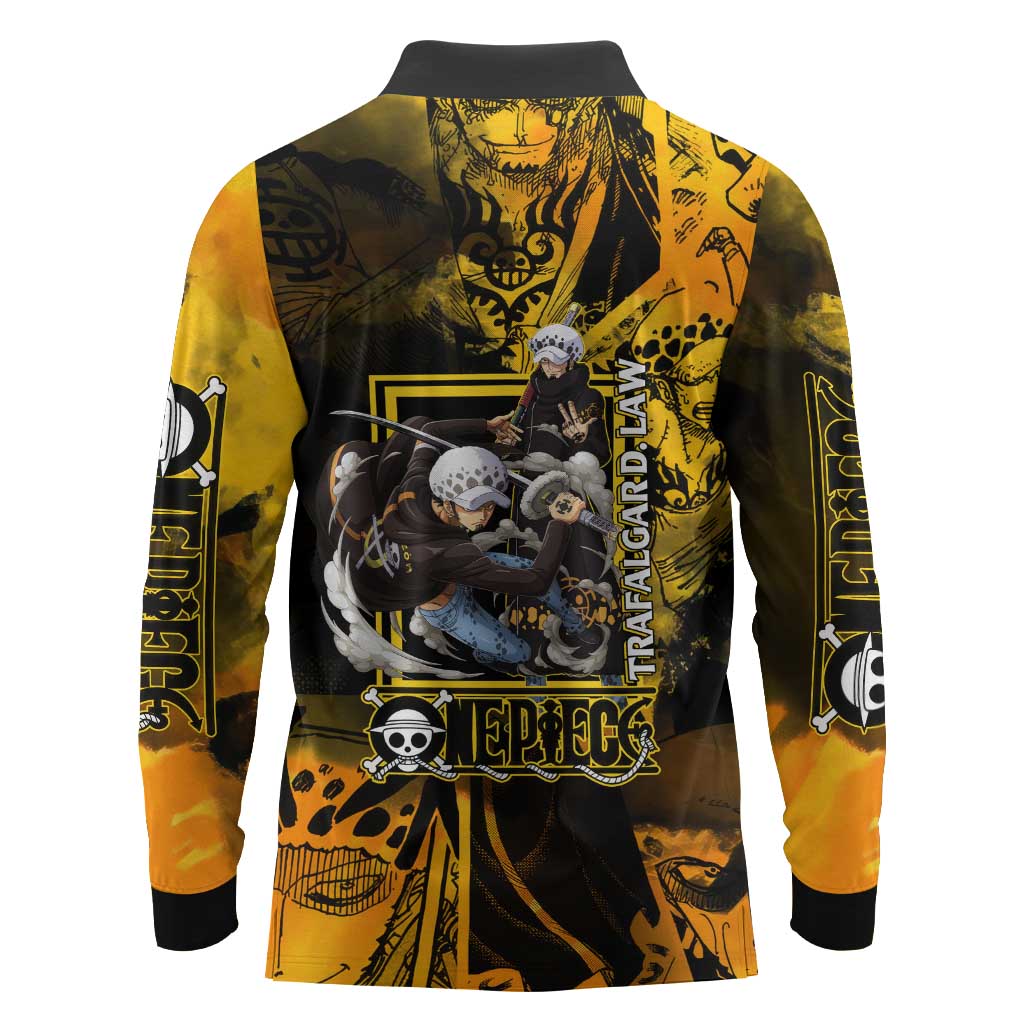 Trafalgar Law One Piece Yellow and Black Theme Long Sleeve Polo Shirt with Jolly Roger Symbol and Manga Panel Design - The Mazicc