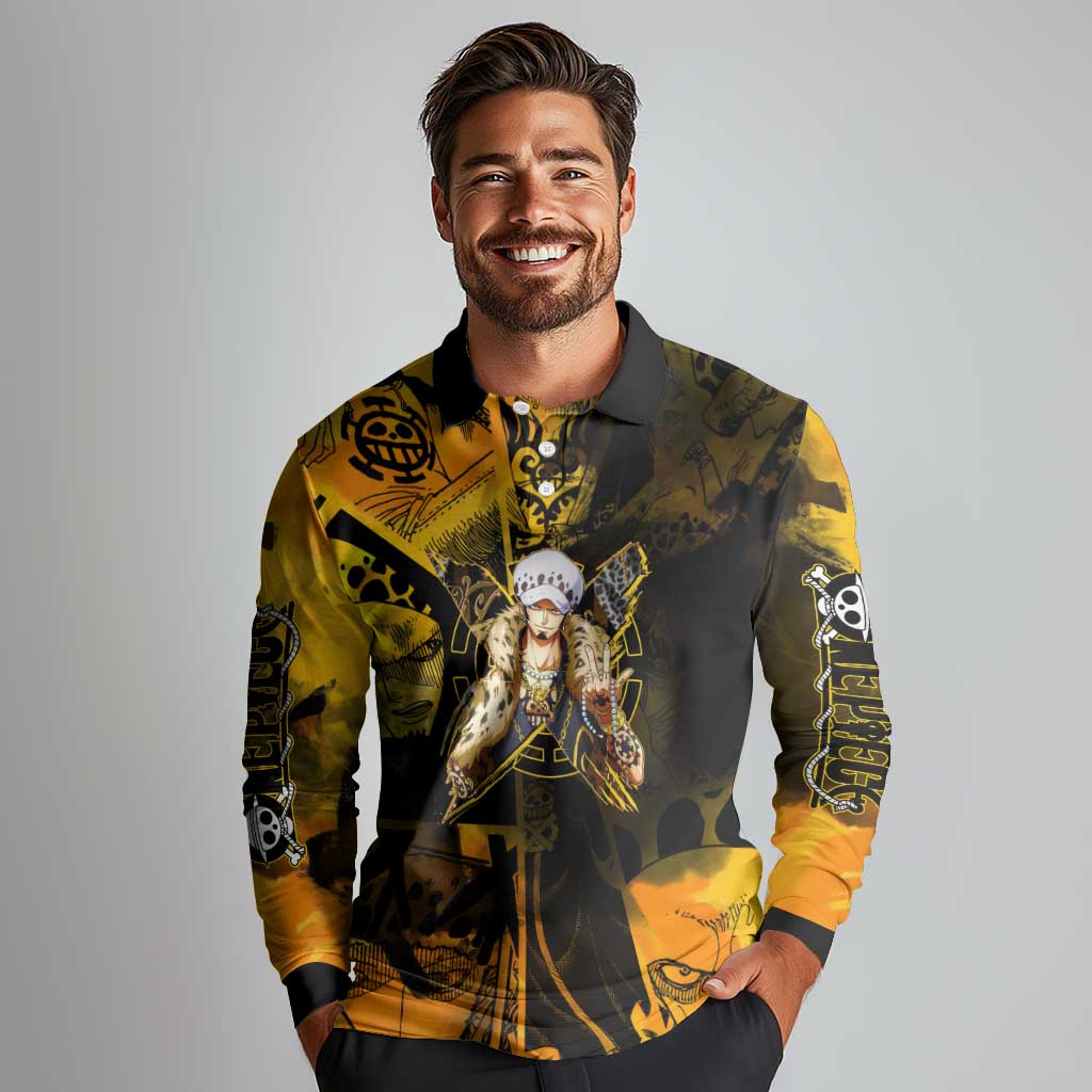 Trafalgar Law One Piece Yellow and Black Theme Long Sleeve Polo Shirt with Jolly Roger Symbol and Manga Panel Design - The Mazicc