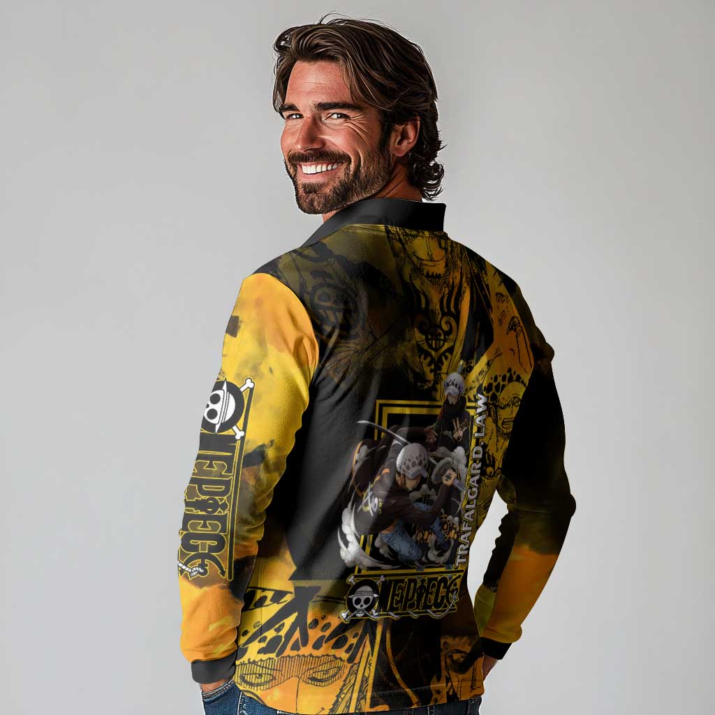 Trafalgar Law One Piece Yellow and Black Theme Long Sleeve Polo Shirt with Jolly Roger Symbol and Manga Panel Design - The Mazicc