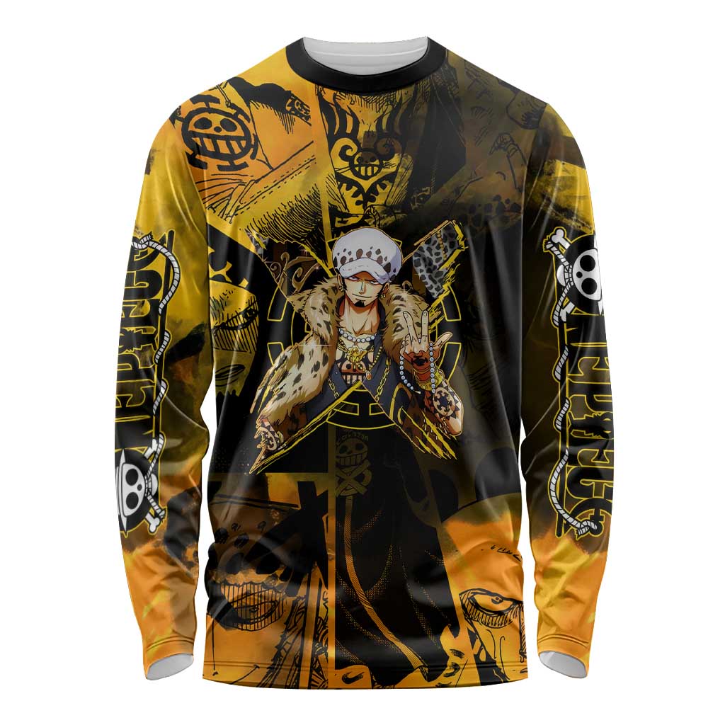 Trafalgar Law One Piece Yellow and Black Theme Long Sleeve Shirt with Jolly Roger Symbol and Manga Panel Design - The Mazicc
