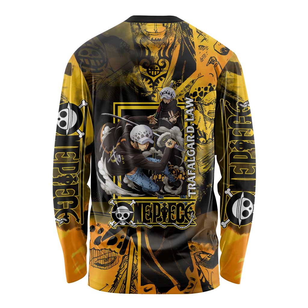 Trafalgar Law One Piece Yellow and Black Theme Long Sleeve Shirt with Jolly Roger Symbol and Manga Panel Design - The Mazicc