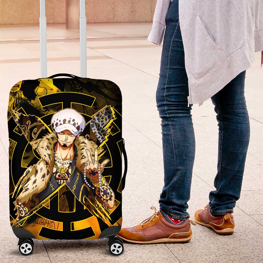 Trafalgar Law One Piece Yellow and Black Theme Luggage Cover with Jolly Roger Symbol and Manga Panel Design - The Mazicc