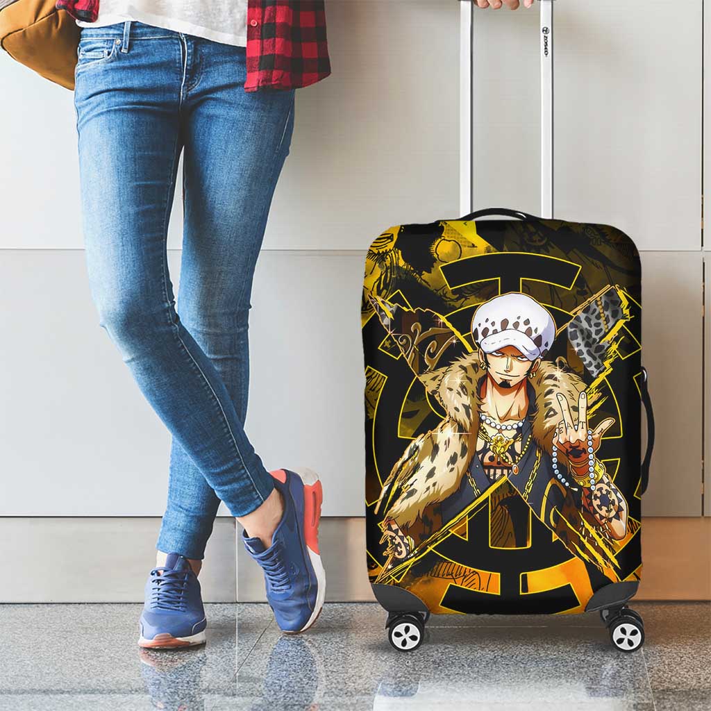 Trafalgar Law One Piece Yellow and Black Theme Luggage Cover with Jolly Roger Symbol and Manga Panel Design - The Mazicc