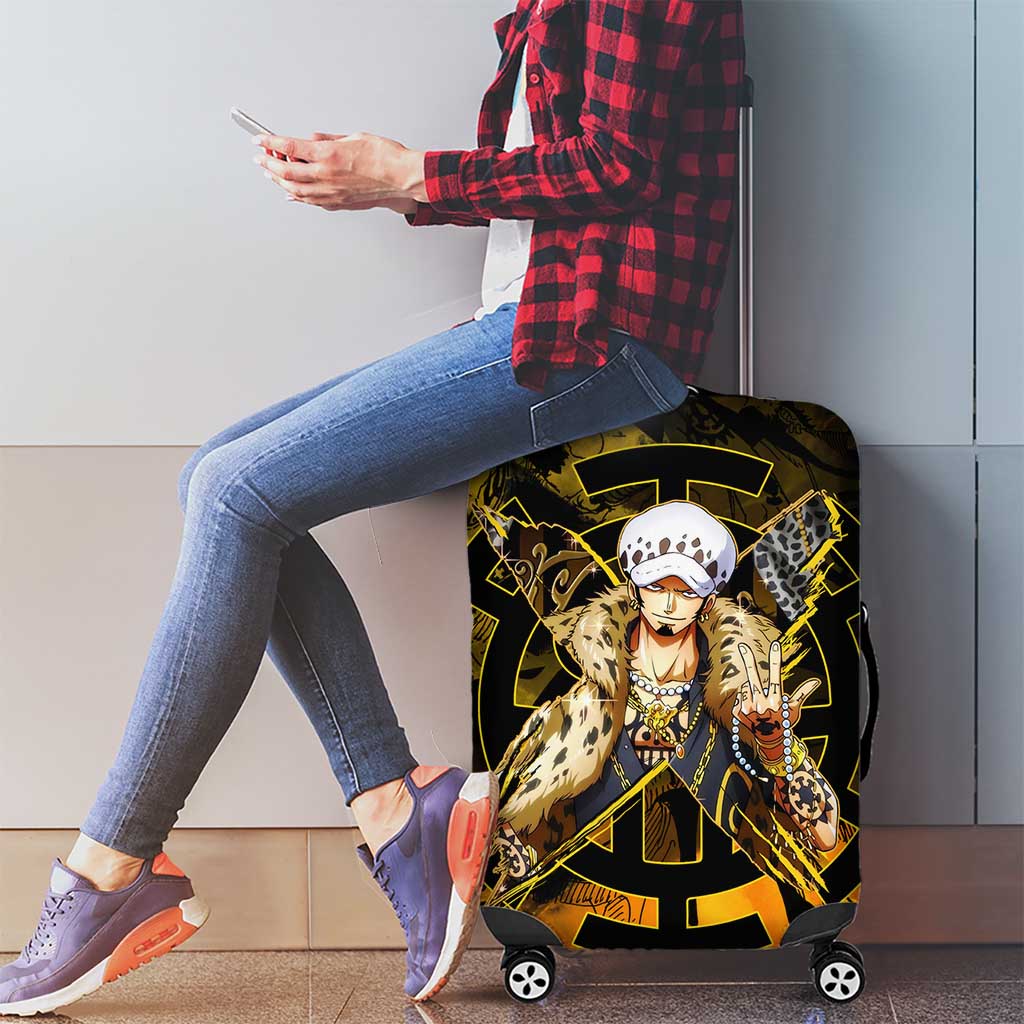 Trafalgar Law One Piece Yellow and Black Theme Luggage Cover with Jolly Roger Symbol and Manga Panel Design - The Mazicc