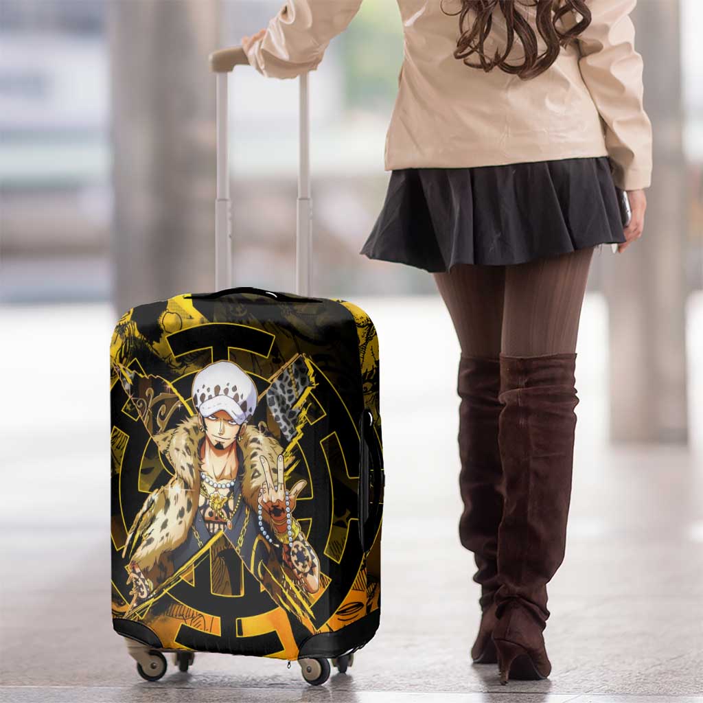 Trafalgar Law One Piece Yellow and Black Theme Luggage Cover with Jolly Roger Symbol and Manga Panel Design - The Mazicc