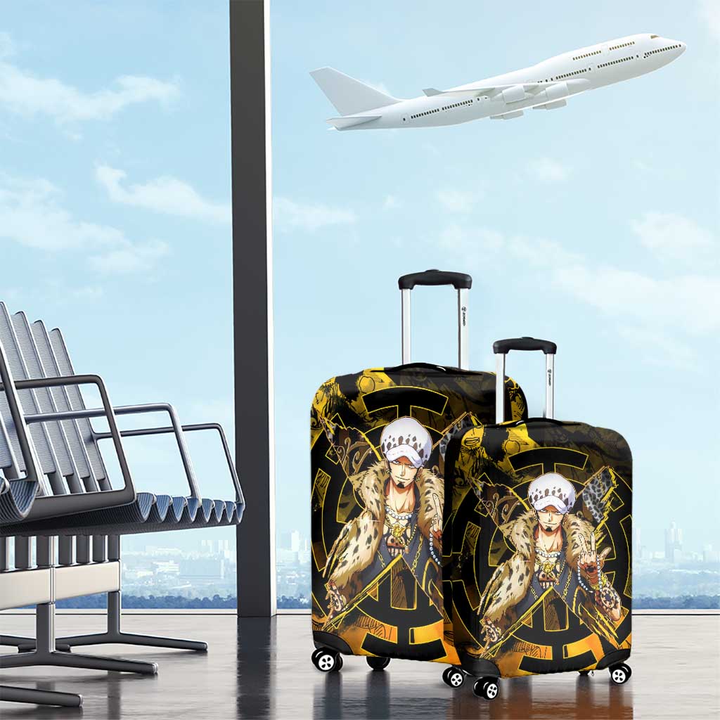 Trafalgar Law One Piece Yellow and Black Theme Luggage Cover with Jolly Roger Symbol and Manga Panel Design - The Mazicc