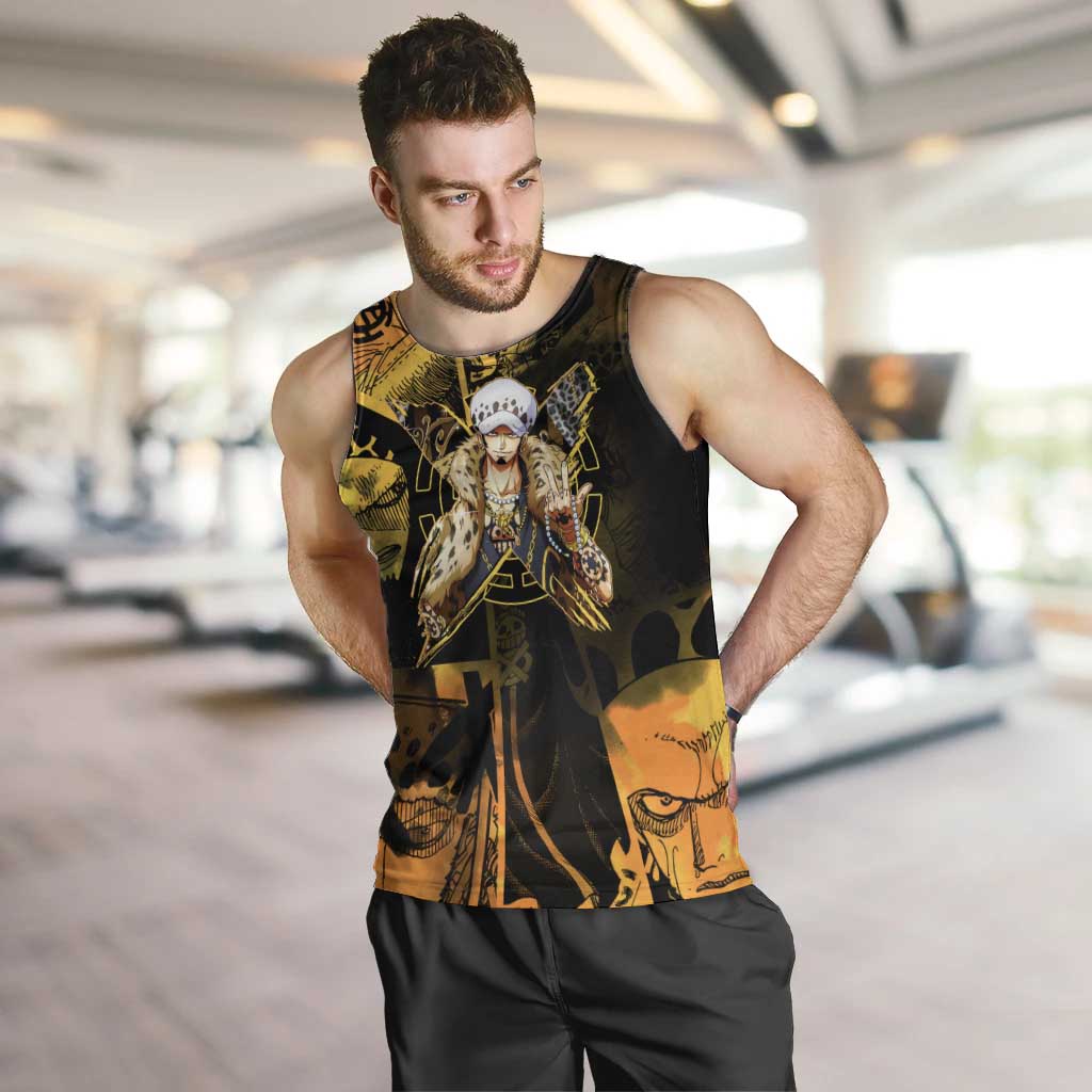 Trafalgar Law One Piece Yellow and Black Theme Men Tank Top with Jolly Roger Symbol and Manga Panel Design - The Mazicc