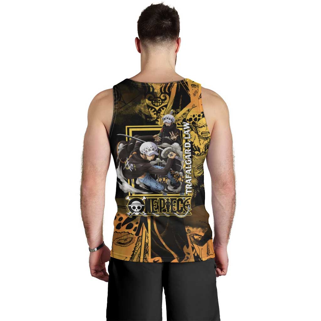 Trafalgar Law One Piece Yellow and Black Theme Men Tank Top with Jolly Roger Symbol and Manga Panel Design - The Mazicc