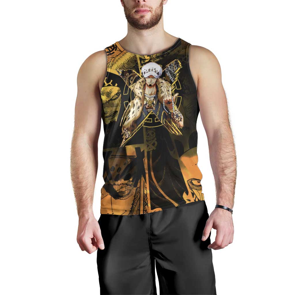 Trafalgar Law One Piece Yellow and Black Theme Men Tank Top with Jolly Roger Symbol and Manga Panel Design - The Mazicc