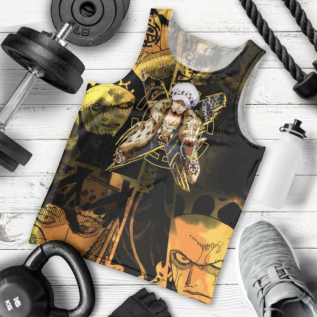 Trafalgar Law One Piece Yellow and Black Theme Men Tank Top with Jolly Roger Symbol and Manga Panel Design - The Mazicc