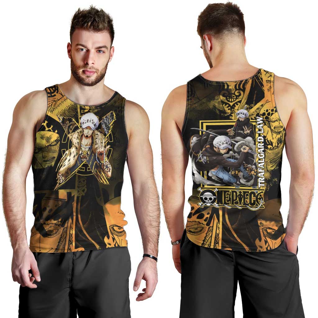 Trafalgar Law One Piece Yellow and Black Theme Men Tank Top with Jolly Roger Symbol and Manga Panel Design - The Mazicc