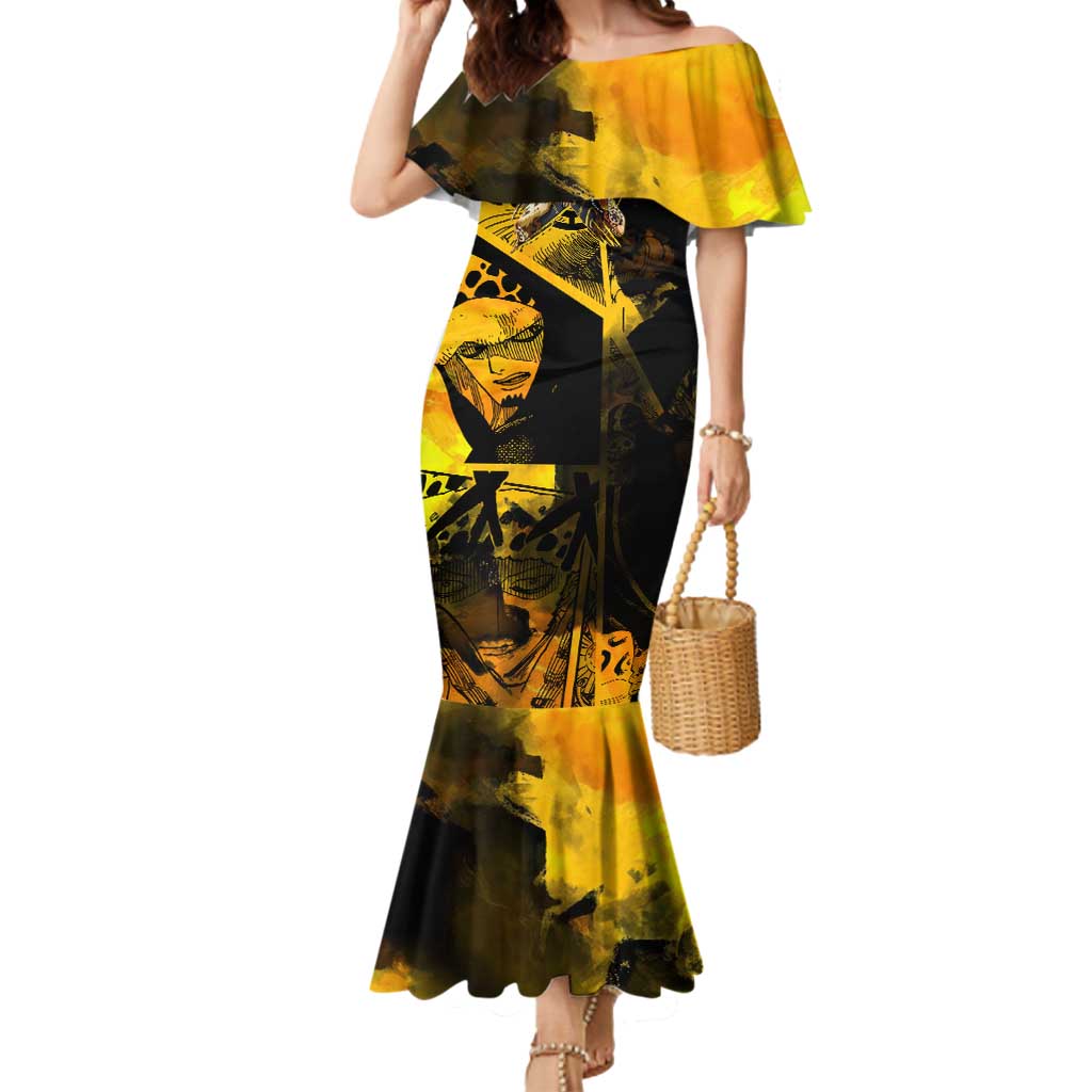 Trafalgar Law One Piece Yellow and Black Theme Mermaid Dress with Jolly Roger Symbol and Manga Panel Design - The Mazicc