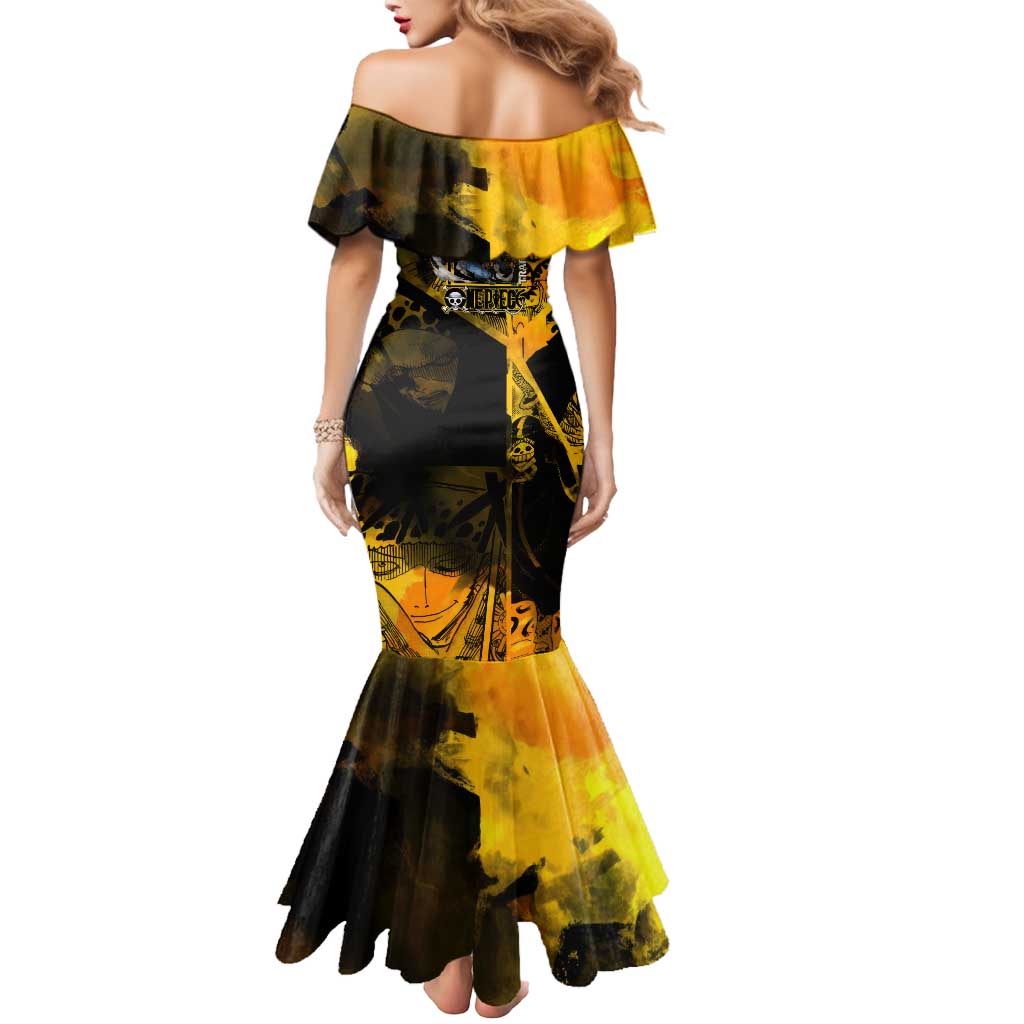 Trafalgar Law One Piece Yellow and Black Theme Mermaid Dress with Jolly Roger Symbol and Manga Panel Design - The Mazicc