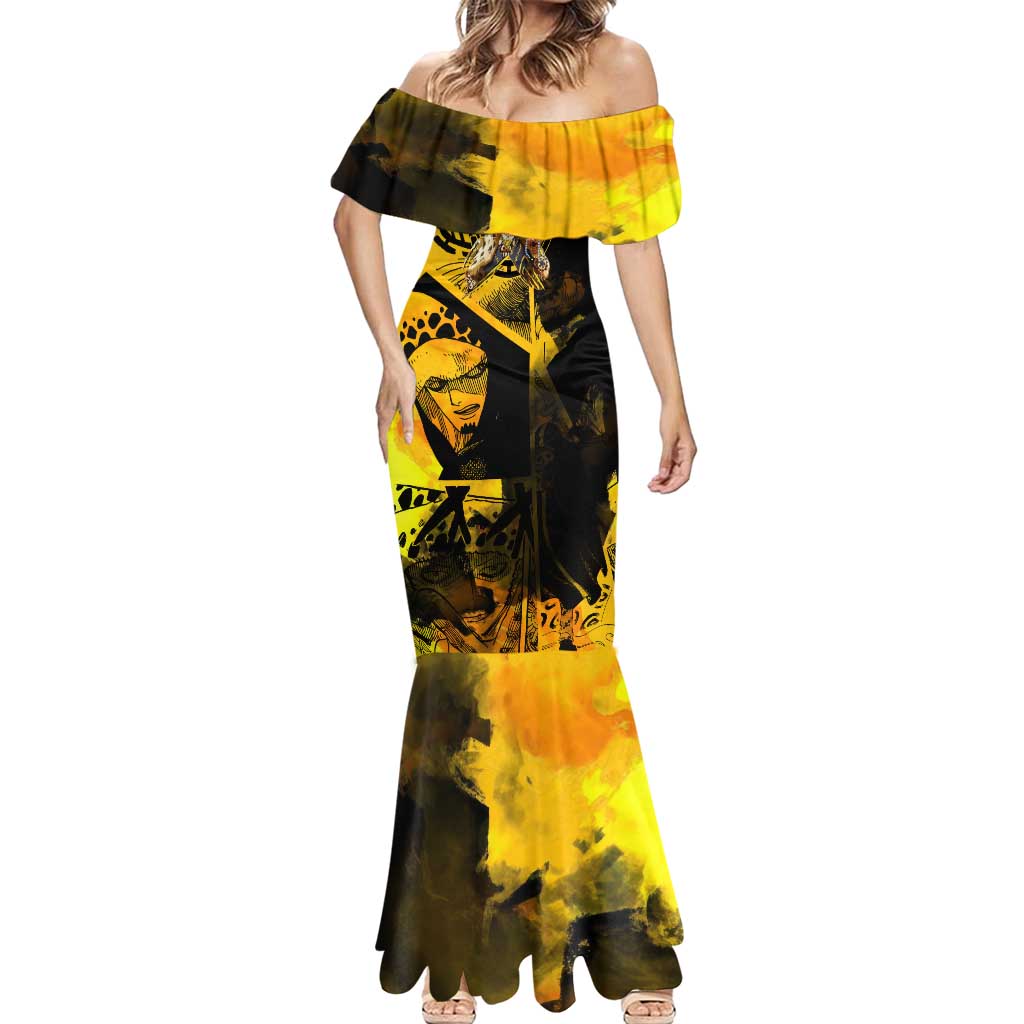 Trafalgar Law One Piece Yellow and Black Theme Mermaid Dress with Jolly Roger Symbol and Manga Panel Design - The Mazicc