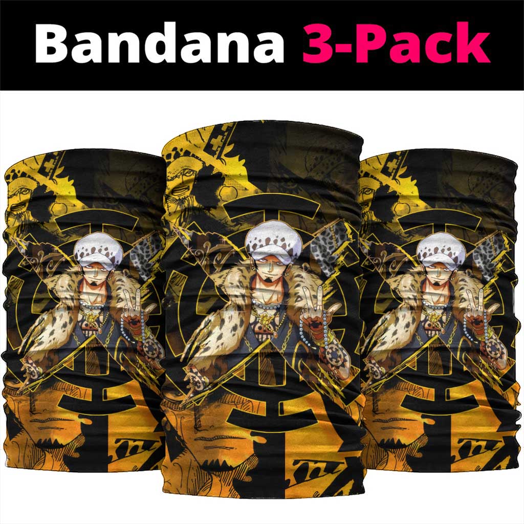 Trafalgar Law One Piece Yellow and Black Theme Neck Gaiter with Jolly Roger Symbol and Manga Panel Design - The Mazicc