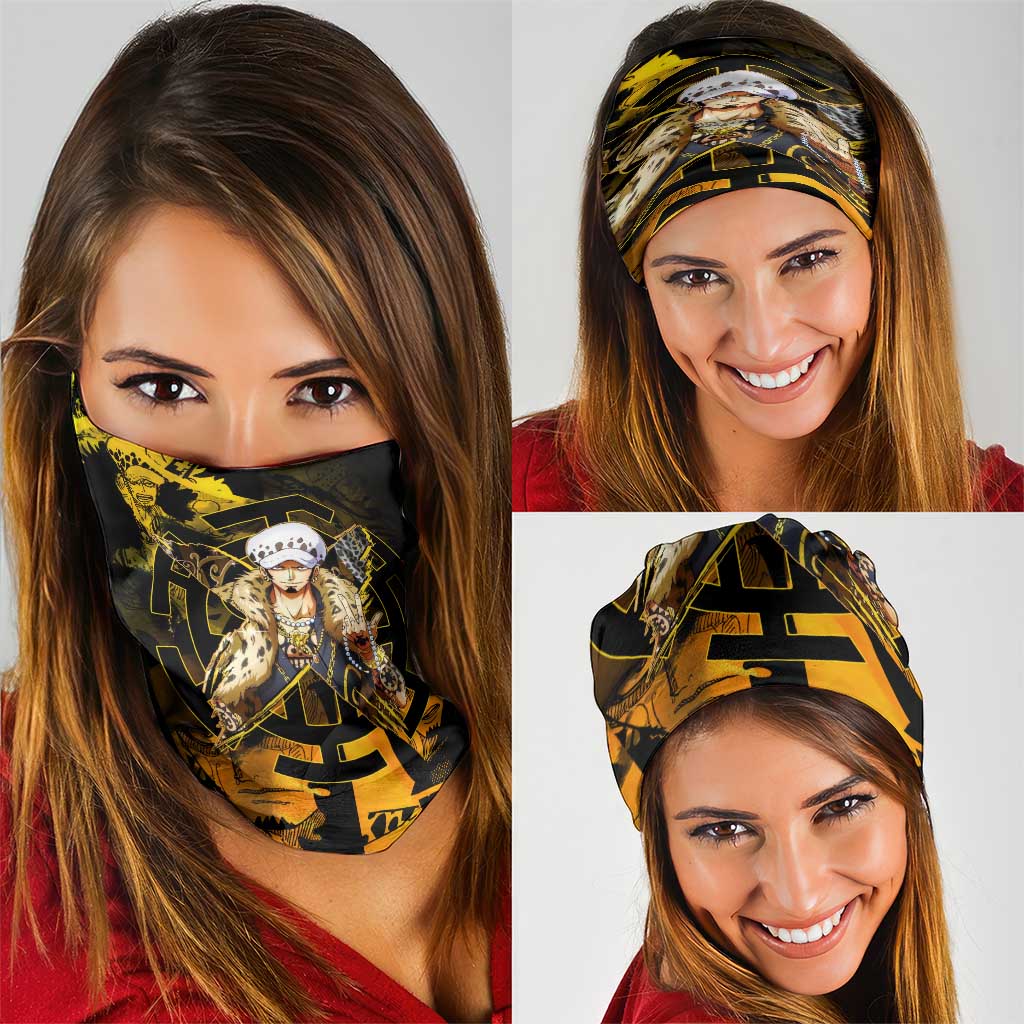 Trafalgar Law One Piece Yellow and Black Theme Neck Gaiter with Jolly Roger Symbol and Manga Panel Design - The Mazicc
