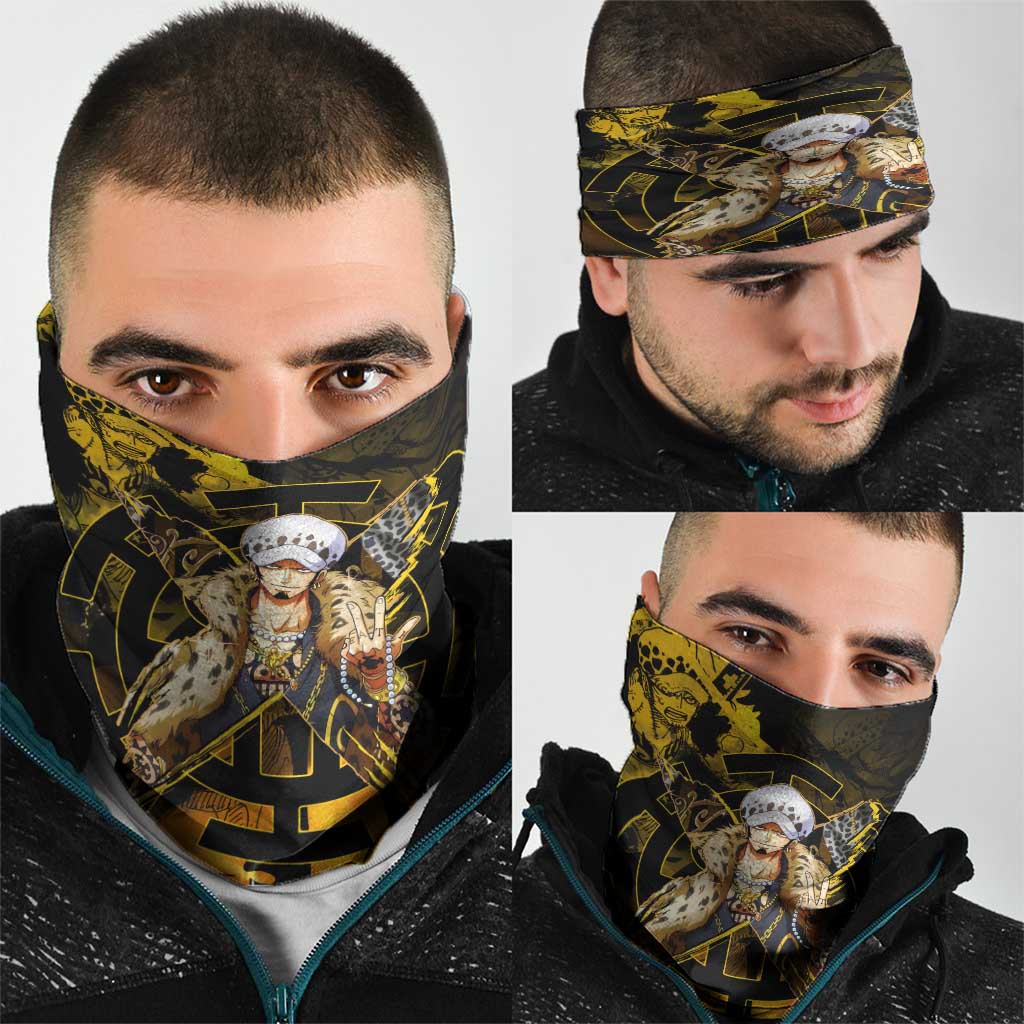 Trafalgar Law One Piece Yellow and Black Theme Neck Gaiter with Jolly Roger Symbol and Manga Panel Design - The Mazicc