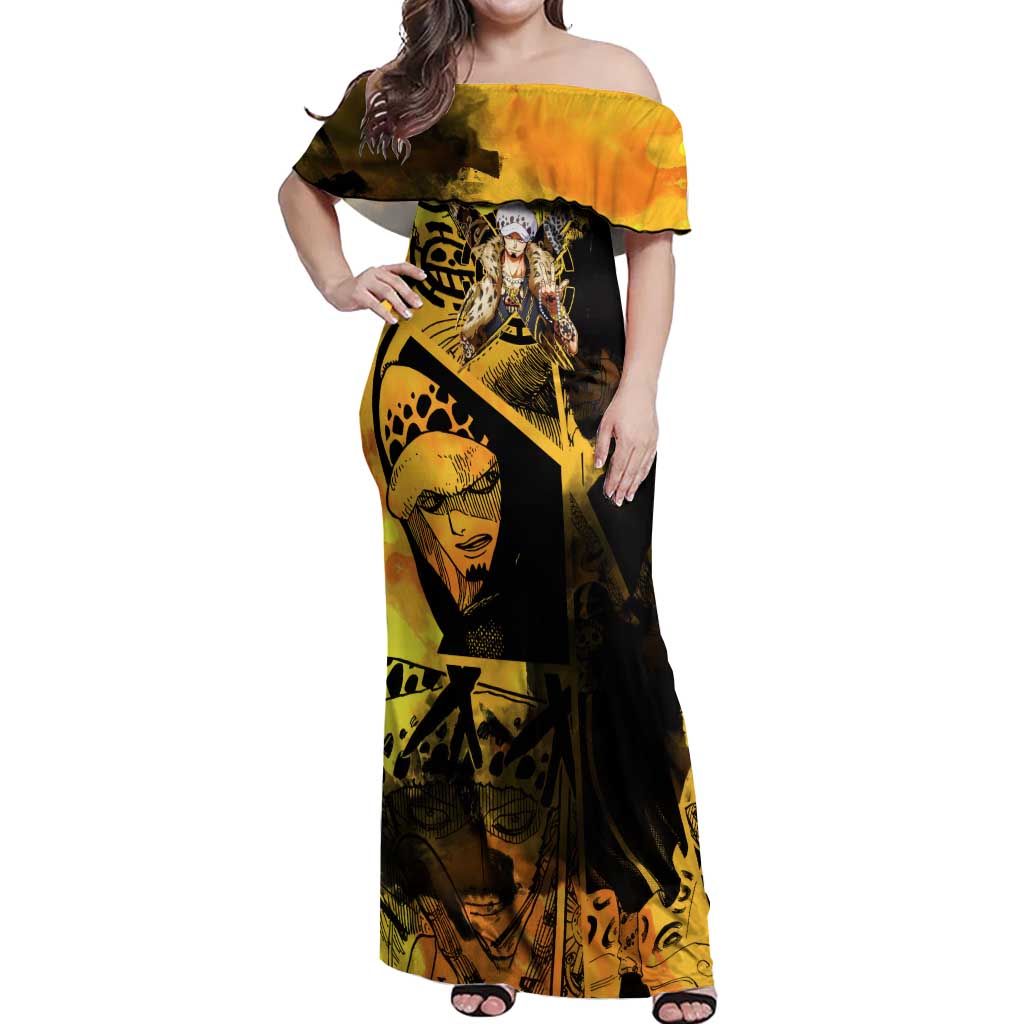 Trafalgar Law One Piece Yellow and Black Theme Off Shoulder Maxi Dress with Jolly Roger Symbol and Manga Panel Design - The Mazicc