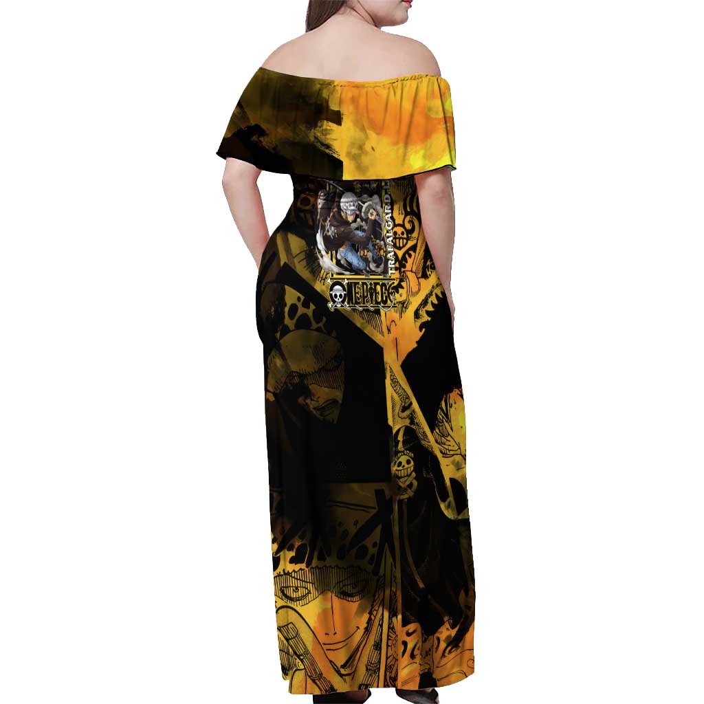 Trafalgar Law One Piece Yellow and Black Theme Off Shoulder Maxi Dress with Jolly Roger Symbol and Manga Panel Design - The Mazicc