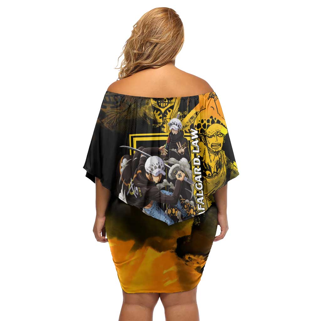 Trafalgar Law One Piece Yellow and Black Theme Off Shoulder Short Dress with Jolly Roger Symbol and Manga Panel Design - The Mazicc