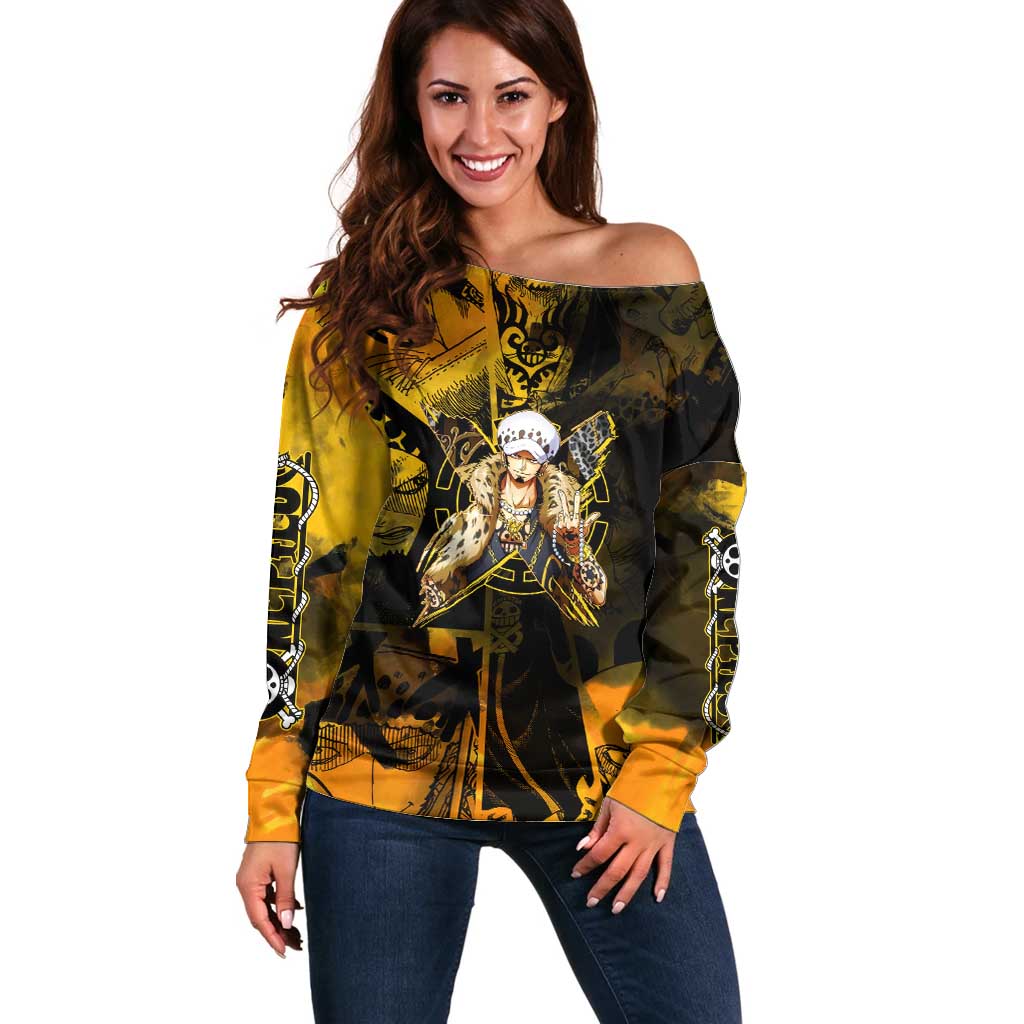 Trafalgar Law One Piece Yellow and Black Theme Off Shoulder Sweater with Jolly Roger Symbol and Manga Panel Design - The Mazicc
