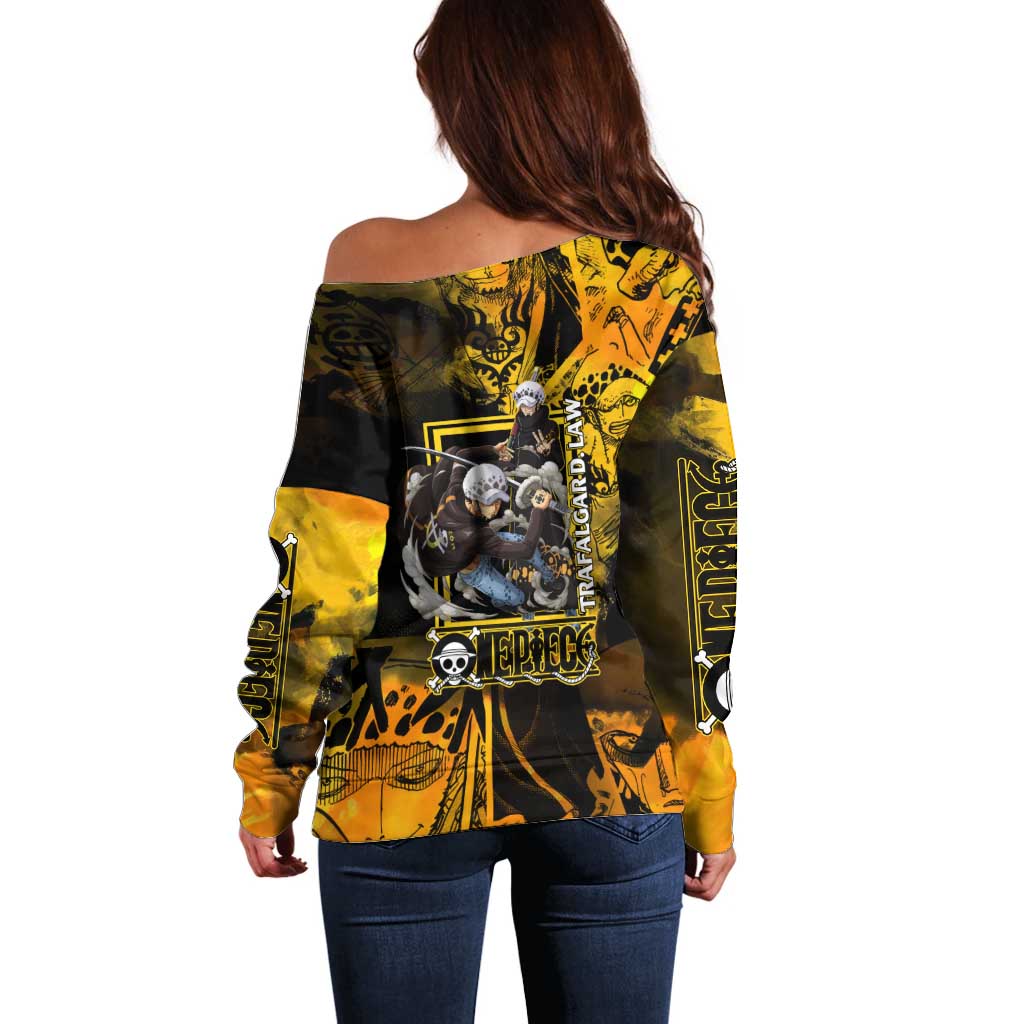 Trafalgar Law One Piece Yellow and Black Theme Off Shoulder Sweater with Jolly Roger Symbol and Manga Panel Design - The Mazicc