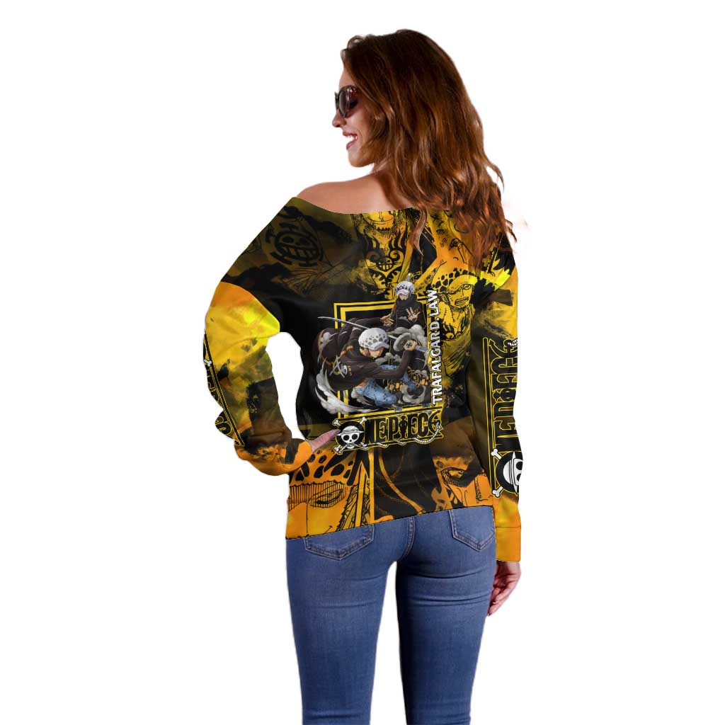 Trafalgar Law One Piece Yellow and Black Theme Off Shoulder Sweater with Jolly Roger Symbol and Manga Panel Design - The Mazicc