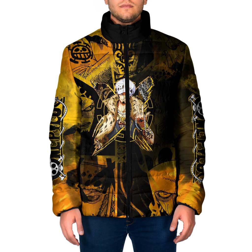 Trafalgar Law One Piece Yellow and Black Theme Padded Jacket with Jolly Roger Symbol and Manga Panel Design - The Mazicc