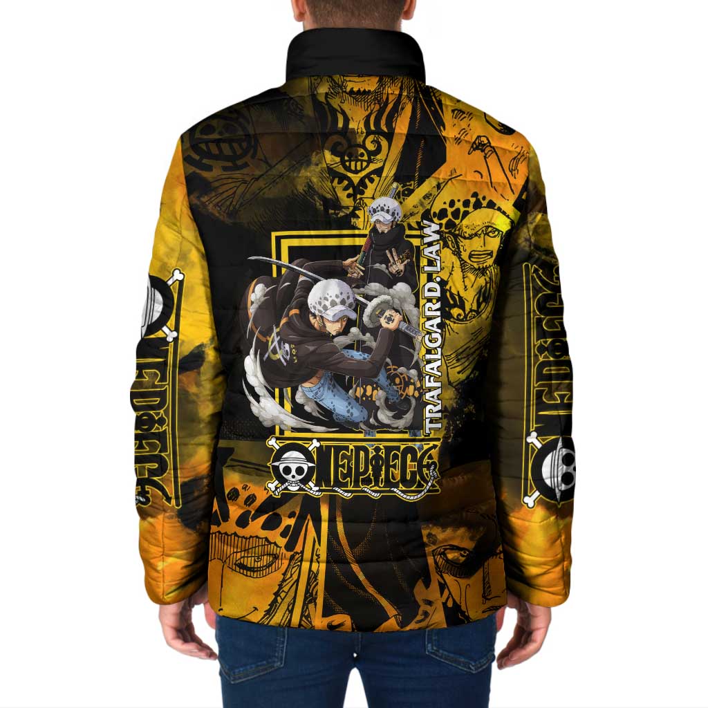 Trafalgar Law One Piece Yellow and Black Theme Padded Jacket with Jolly Roger Symbol and Manga Panel Design - The Mazicc