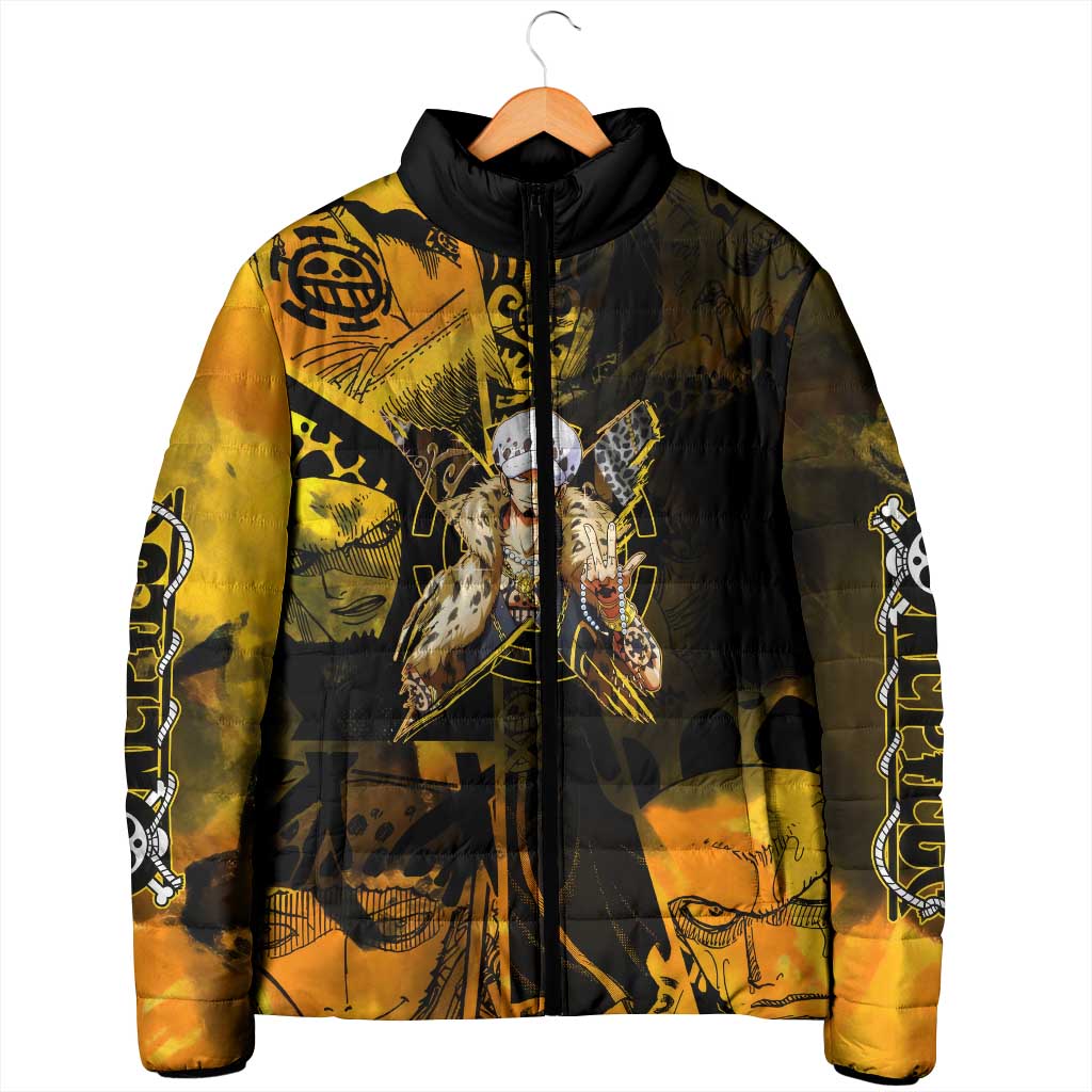 Trafalgar Law One Piece Yellow and Black Theme Padded Jacket with Jolly Roger Symbol and Manga Panel Design - The Mazicc
