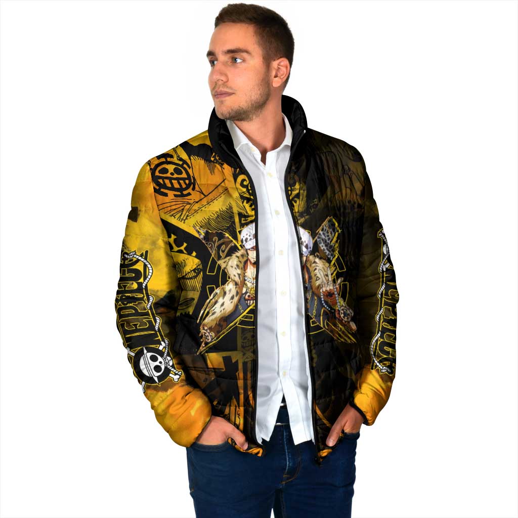 Trafalgar Law One Piece Yellow and Black Theme Padded Jacket with Jolly Roger Symbol and Manga Panel Design - The Mazicc