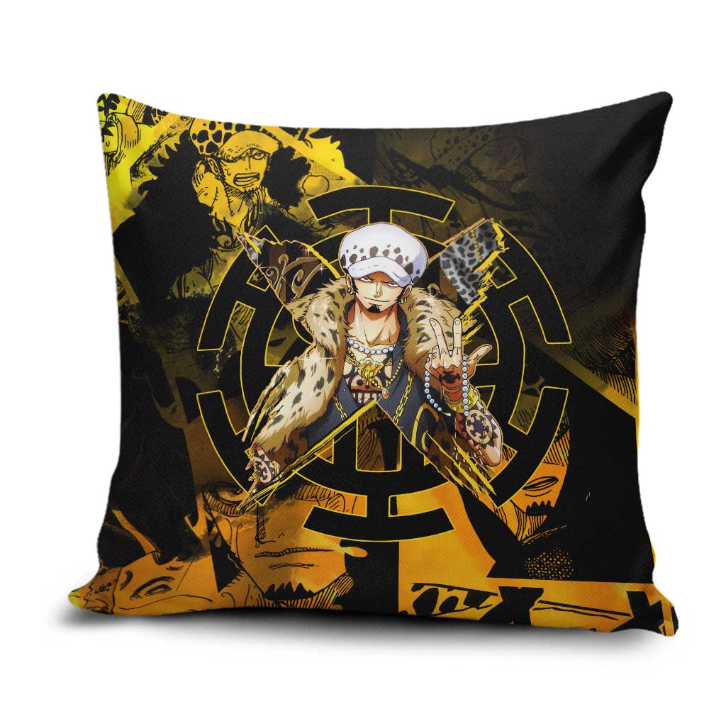 Trafalgar Law One Piece Yellow and Black Theme Pillow Cover with Jolly Roger Symbol and Manga Panel Design - The Mazicc